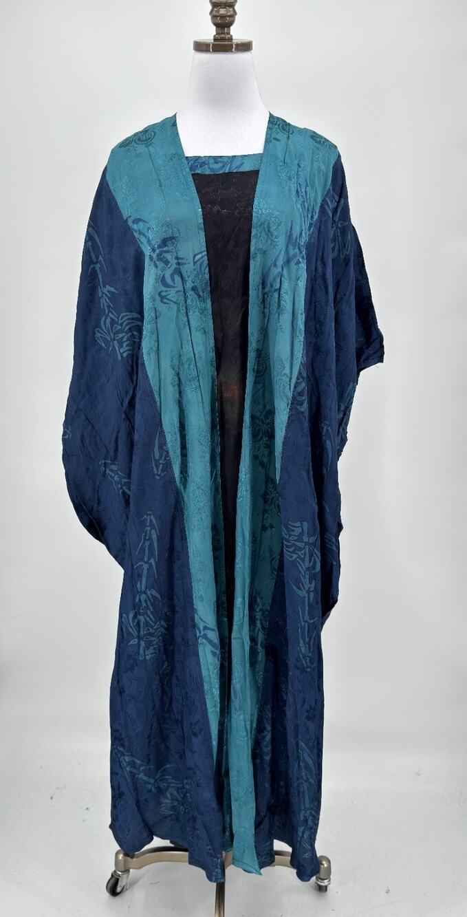 Kusnadi Art to Wear Bohemian Blue Black Textured Long Duster Dress NEW